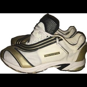 Mesh white, gold & black running shoes